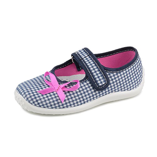Julia 5954 Little Girls' Navy Blue Checkerd Hook-and-Loop Natural Canvas Mary Jane Flat