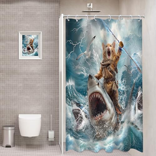 Image of Funny Cat Riding Shark Shower Curtain Ocean Surfing 48Wx72H Inch Decor | Kids Cool Hilarious Beach Sea Waves Lightning Blue Sky Waterproof Polyester Fabric Bathroom 12 Hooks