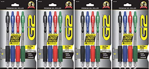 PILOT G2 Premium Refillable & Retractable Rolling Ball Gel Pens, Ultra Fine Point, Black/Blue/Red/Green Inks, 4-Pack (31276) - 4 Pack