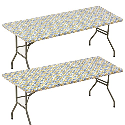 Paquete de 2 manteles ajustables de vinilo elástico para mesa plegable de 6 pies, 30 x 72 pulgadas, mantel rectangular de franela, mantel impermeable y lavable para fiestas de picnic en interiores y