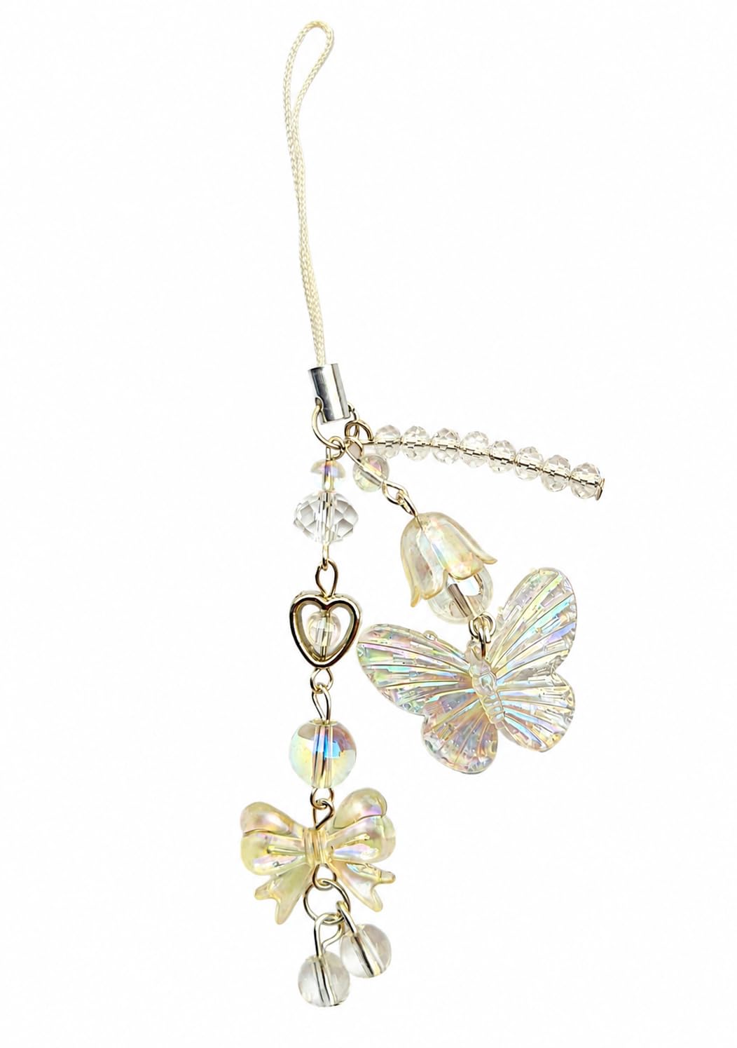 Aesthetic Iridescent Crystal Phone Charm with Butterfly & Ribbon Bow | Cute Handmade Y2K Clear Mobile Strap & Bag Pendant by LOOPITSHOP-image-40