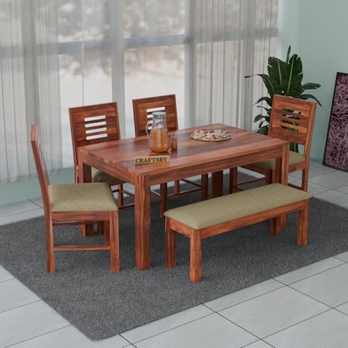 Image of 57 Inch Length Solid Sheesham Wood 6 Seater Dining Table Set | Six Seater Dinner Table with 4 Cushions Chairs & 1 Bench | Dinning Table Set 6 Seater for Living Room | Honey Finish