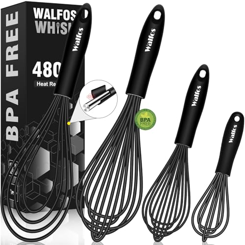 Image of Walfos Whisk Silicone Whisks set, Non Scatch Coated Whisks for Cooking and Baking, Heavy Duty Set of 4 Kitchen Whisk - 11'' Flat Wisk and 7''+10''+12'' Balloon.