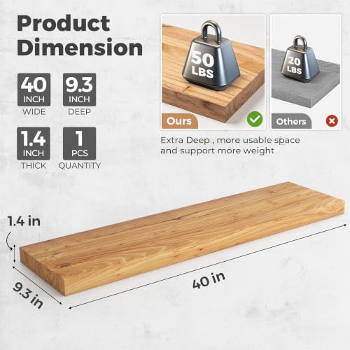 Image of RICHFOCUS Elm Floating Shelves for Wall - 40 inch W x 9.3 inch D Rustic Solid Wood Shelves with Invisible Bracket, Wall-Mounted for Living Room, Bedroom, Kitchen Storage & Display, Set of 1, Natural