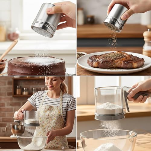3 Cup Flour Sifter,Sifter for Baking One-Hand Press Flower Sifter,Double-Filter Fine Mesh Stainless Steel Flour Sifter for Rapid Screening of Flours Apricot Flou r Sugar Powder