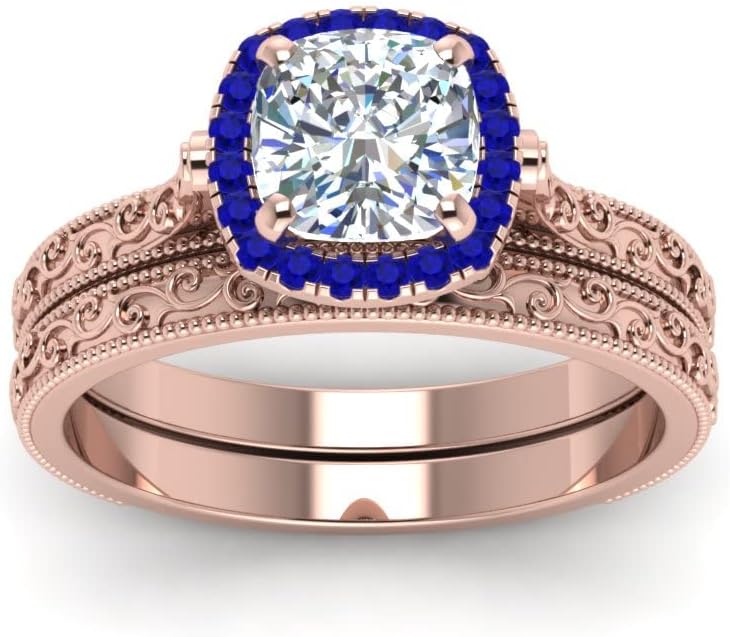 Choose Your Gemstone Hand Engraved Halo Cushion Wedding Ring Rose Gold Plated Cushion Shape Wedding Ring Sets Everyday Jewelry Wedding Jewelry Handmade Gifts for Wife US Size 4 to 12