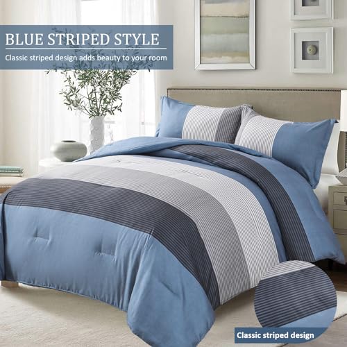 Edredón de microfibra suave reversible de 3 piezas con rayas azules para cama 3