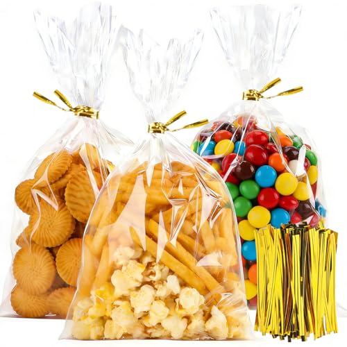 Gewutho 100 Pack Cellophane Bags 610-Inch Clear Cellophane Gift Bags with 100 Gold Twist Ties Included Plastic Packaging Bags Ideal for Wrapping Cookies Candies Party Favors and Popcorn