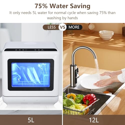 Mini lavavajillas, lavavajillas de mesa con 4 lugares, tanque de agua integrado de 4,5 L, 5 programas, dos modos de suministro de agua, arranque retardado, ideal para familias pequeñas y parejas