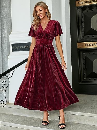 Image of Simplee Women's V Neck Velvet Maxi Dress Short Sleeve Empire Waist Long Formal Dress for Wedding Guest