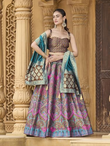 Image of PURVAJA Women's Kanjiwaram Semi-Stitched Lehenga choli