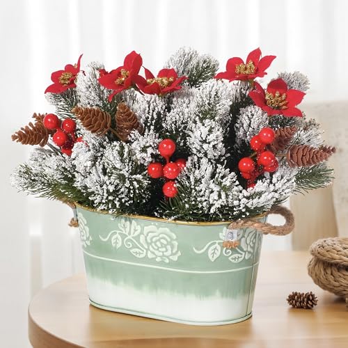 Artificial Christmas Table Centerpiece with Snowy Norfolk Pi