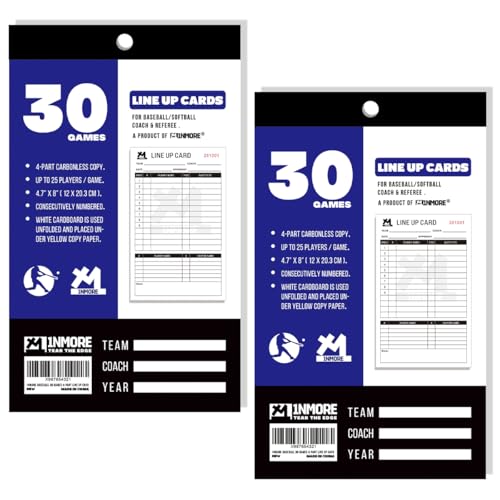 1NMORE Baseball/Softball/Basketball Lineup Cards, 4 Part Carbonless Copies, 30 Games/Sets, 25 Players Line Up Sheets with Backboard for Coaches and Referees, 4.7 x 8 inch (60 Games/Sets)