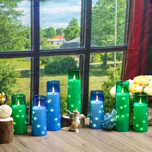Image of Flameless Candles,with Embedded Star String, Battery Operated Candles Flickering LED Pillar Candles with Remote Control and Timer, Home Decoration Add a Warm and Romantic Atmosphere，Set of 7 (Blue)