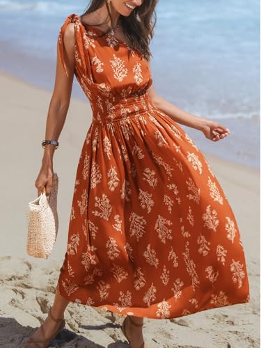 Image of CUPSHE Women's One Shoulder Floral Printed Sleeveless Smocked Waist Maxi Dress Summer Boho Long Dress