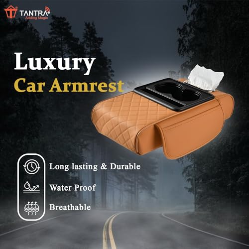 Image of TANTRA Premium Car Armrest Cushion Organizers, 5-in-1 Center Console Cover with 2 Storage Bags Cup Holder, Tissue Box Slot, Phone Slot for Sedans, Car Accessories Interior Organizers (Tan)