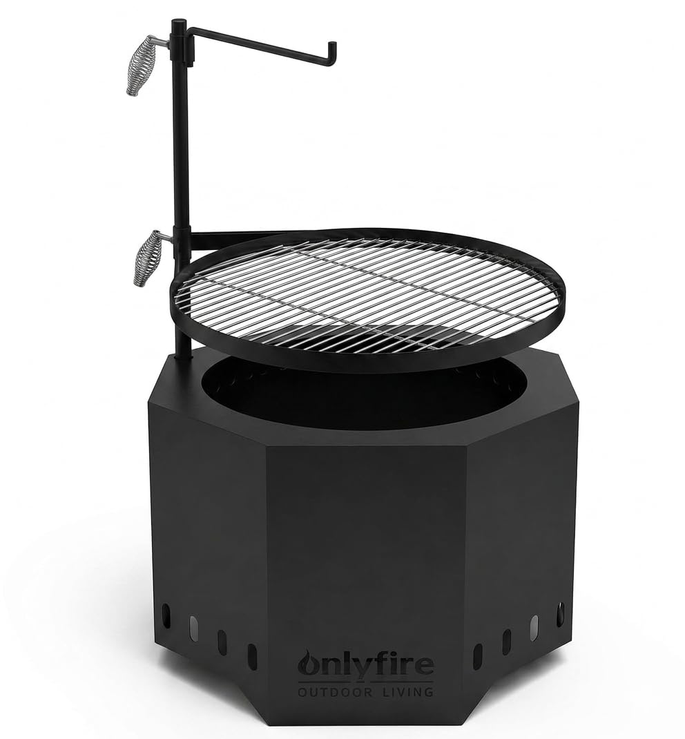 onlyfire Rauchfreie Feuerschale mit Abnehmbarer Aschekasten + Verstellbarer Schwenkbarer Lagerfeuer Grill für Garten Terrasse Camping