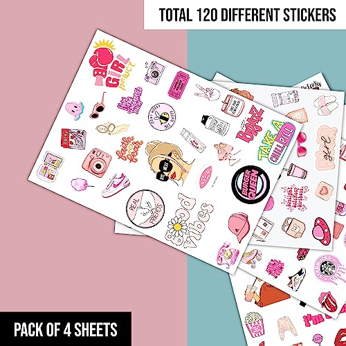 Image of FlyBuyHub Pink Theme Aesthetic Vinyl Journal Stickers for Phone Case, Laptop, Notebook, Diary, Water Bottle, Etc Self-Adhesive Stickers Set of 120 Glossy and Waterproof Stickers (Pink Girls)