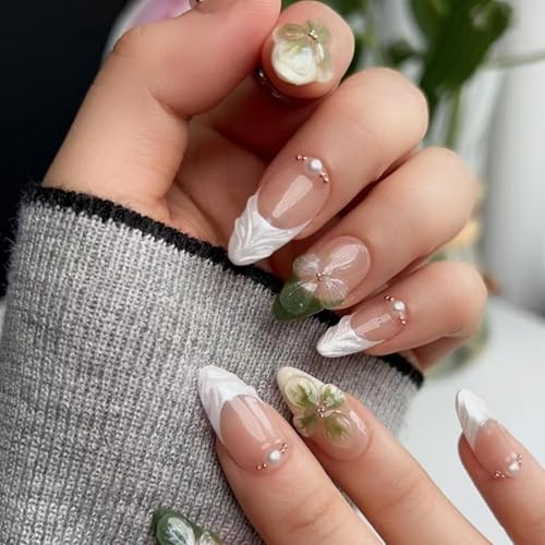 Flower Press on Nails Green Fake Nails Medium Almond Nails with Pearl Design White French Tip Glue on Nails Glossy Artificial Acrylic Full Cover Nude Stick on Nails for Women Manicure 24Pcs