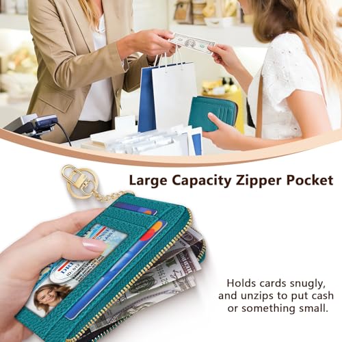 Image of GIANCOMICS Slim Wallet Credit Card Holder Women, Peacock Blue Rfid Blocking Small Card Case, Keychain Thin Pocket Curved Zipper Wallet, Travel Card Holder PU Leather ID Window, Ladies Female Gifts