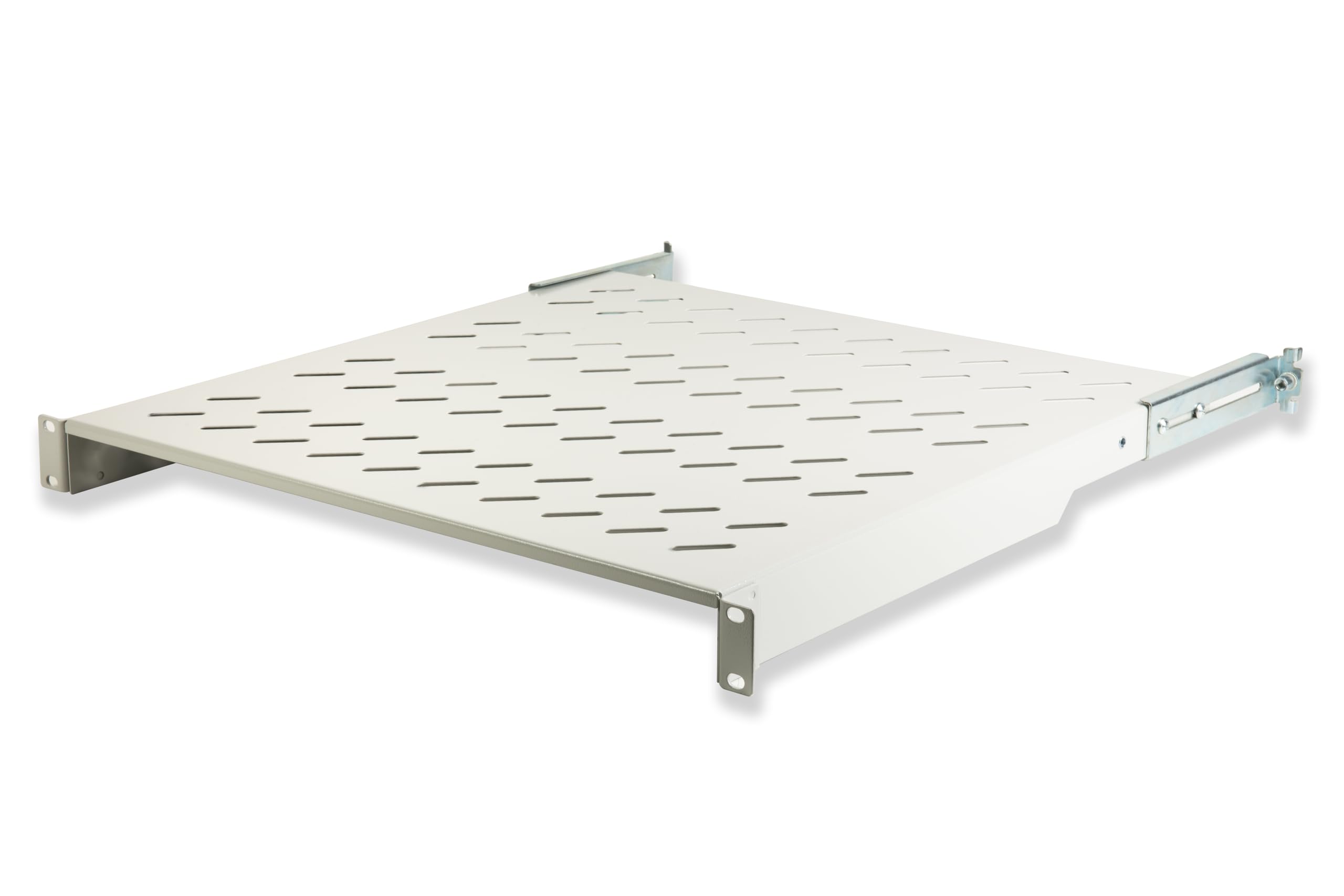 Link LKRIP450L - Ripiano in acciaio per armadio rack 19" universale (profondità 45-55 cm, grigio chiaro RAL7035) – 4 agganci frontali e posteriori – Portata 50 kg e superficie traforata per aerazione