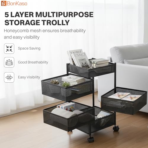 Image of BonKaso 5-Layer Square Multipurpose Kitchen Trolley with Swivel Storage Basket & 360 Rotating Wheels, Black Steel Frame, Easy Mobility, Space-Saving and Durable