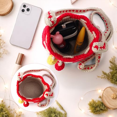 Image of Mushroom Crossbody Purse Tote Bag for Women - Gift Bag Cute Adjustable Strap for Crochet Cottagecore Knitted Drawstring Bag