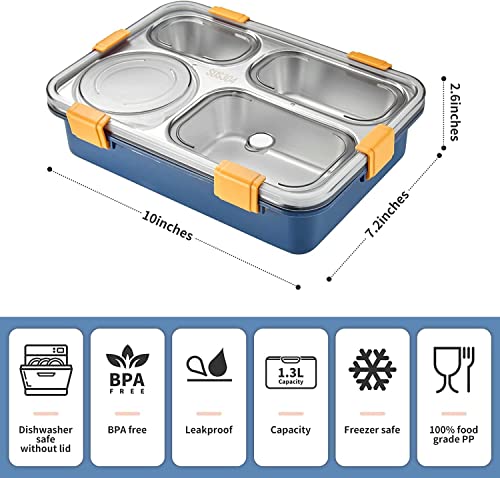 Image of Brand Conquer Lunch Box Leak-Proof BPA Free Stainless Steel for School, Lunch Box for School & Office with a Fork, a Spoon and a Pair of Chopsticks (Dark Blue, 4 Compartment)