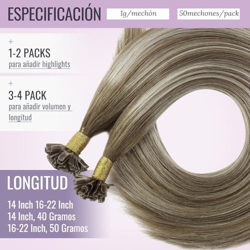 Extensiones de queratina de pelo natural balayage castaño a rubio platino largo 50cm 5
