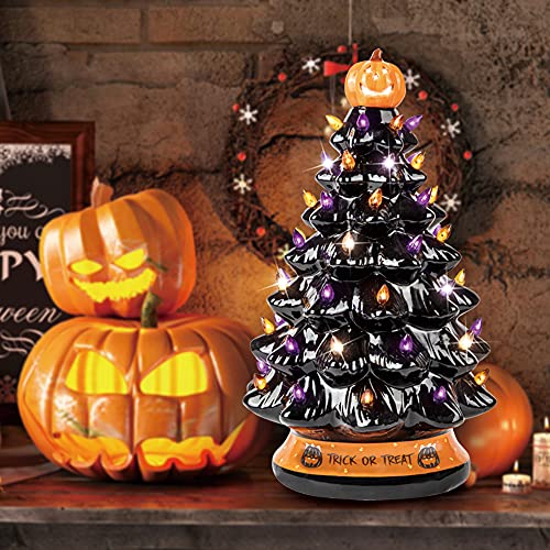 Rj Legend Christmas Tree - Halloween Decoration Made With Ceramic, Orange Pumpkin Head-Home Decoration-Trick Or Treat- Over 50 Multicolor Bulbs, Led Light Up By Battery - Black, 15 Inch #TOP7