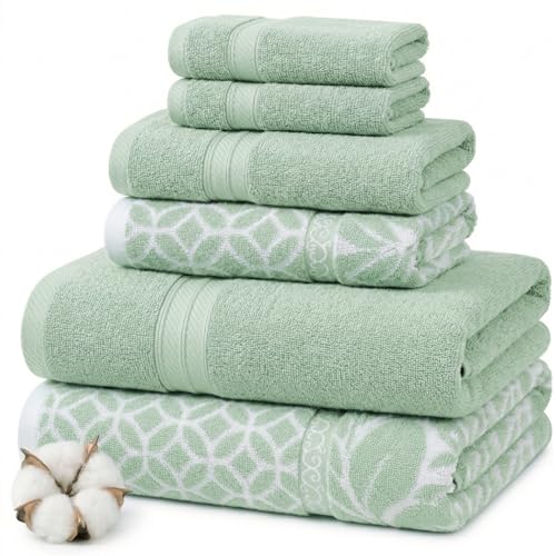 Modern Threads 6 Piece Bath Towel Set Bathroom Set with 2 Bath Towels 2 Hand Towels and 2 Wash Cloths 100% Cotton Super Absorbent & Extra Soft Reversible Botanical Vine (Sage Green)