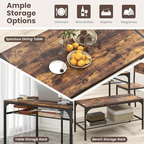Image of Giantex Dining Table Set for 4, Kitchen Table with Chairs & Bench, Storage Racks, Metal Frame, 4-Piece Space-Saving Dinette Set for Dining Room, Breakfast Nook, Small Space, Apartment,Rustic Brown