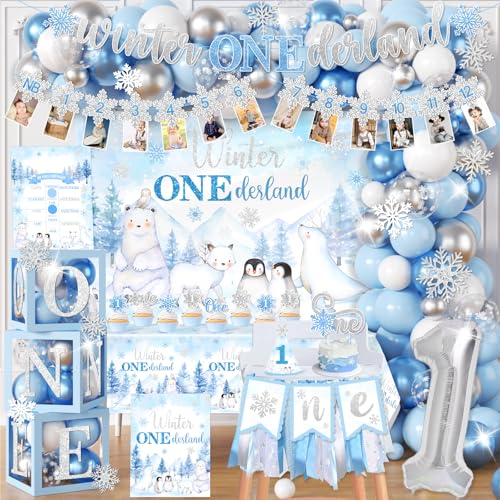 Blue Winter Onederland 1st Birthday Decorations Winter Onederland Birthday Party Supplies Boy Balloon Garland with Boxes Backdrop High Chair Banner Cake Topper Tablecloth for Boys 1st Birth Day