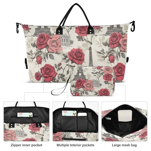 Travel Gym Bag, Eiffel Tower Rose Line Weekender Overnight Duffle for Women with Toiletry Bag Travel Swim2