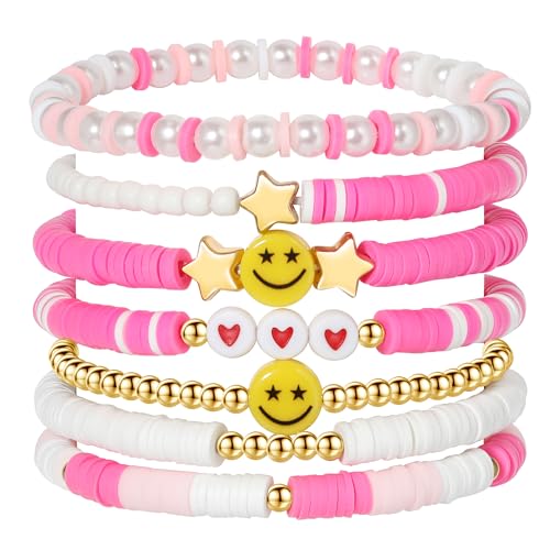 YALASOBA Preppy Bracelets Set Colorful White Gold Smile Heart Star Polymer Beaded Pearl Clay Stackable Charm Y2K Kidcore Aesthetic Summer Beach Bohemian Stretch Layering Bracelets Jewelry for Girls Women Teens (Pink)