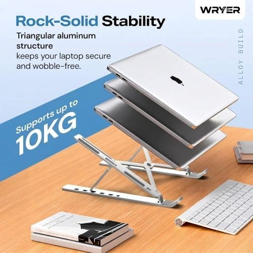 Image of Foldable Aluminium Laptop Stand with Carry Bag, Silver | Adjustable Height, Portable Design, Non-Slip Base, Fits Up to 15.6 inch, Includes Storage Pouch