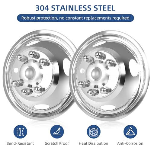 Image of hightall 16 Wheel Simulators Front Wheel, 16 inch 8 Lug Stainless Steel RV Hubcaps,Polished Surface,2Pcs Front Wheel,Bolts On Wheel Cover Set Compatible with Ford 2008-2025 E-350 /E450 Dual Rear Wheel