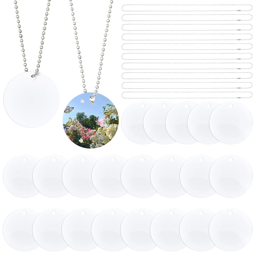 SOFPLATE 1 Box 45Pcs Round Sublimation Blanks Dog Tags Sublimation Circle Pet Tags White Aluminum Double Sided Heat Transfer Stamping Discs with Chain for DIY Crafts Necklaces Keychains Travel Bag