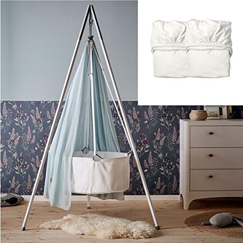 Juego de cuna con trípode blanco, velo azul y 2 sábanas bajeras blancas