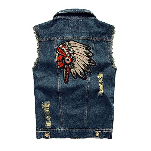 Male Indian Iron On Patch 2 Pcs Feather India Chief Head Large Trumpet Applique Embroidered Patches Decorative Denim Vest Jacket T-Shirt Sewing-Red #TOP2