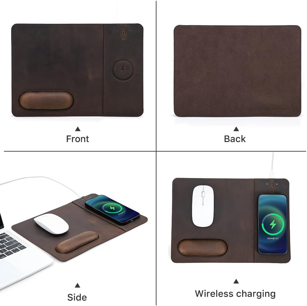 Hiram Premium Crazy Horse Leather Mouse Pad with 15W Wireless Charging - Ergonomic Wrist Rest, Waterproof, and High-End Cowhide Touch(12in x 9in)