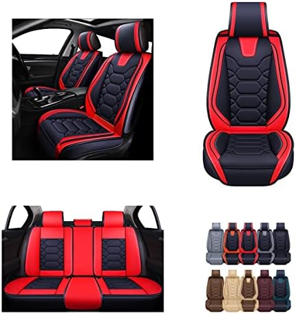 OASIS AUTO Car Seat Covers Accessories Full Set Premium Nappa Leather Cushion Protector Universal Fit for Most Cars SUV Pick-up Truck, Automotive Vehicle Auto Interior Décor (OS-004 Black&Red)