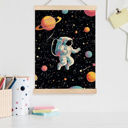 Image of PQKIY Space Astronaut Nursery Kids Wall Art Poster Hanger Frame 12x16 in, Fantasy Outer Space Galaxy Planet Wall Decor Canvas Prints for Home Boys Room Bedroom Nursery
