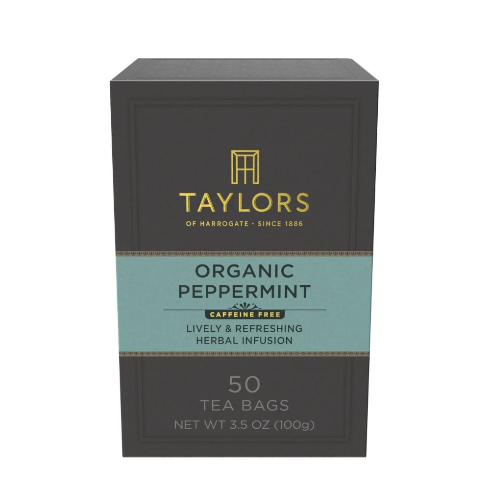 Taylors of Harrogate Organic Peppermint, Herbal Tea, Pillow Tea Bags, 50 Count (Pack of 1), Clean, Pure and Refreshing, Caffeine-Free, Enjoy Hot or Iced, 50 Teabags