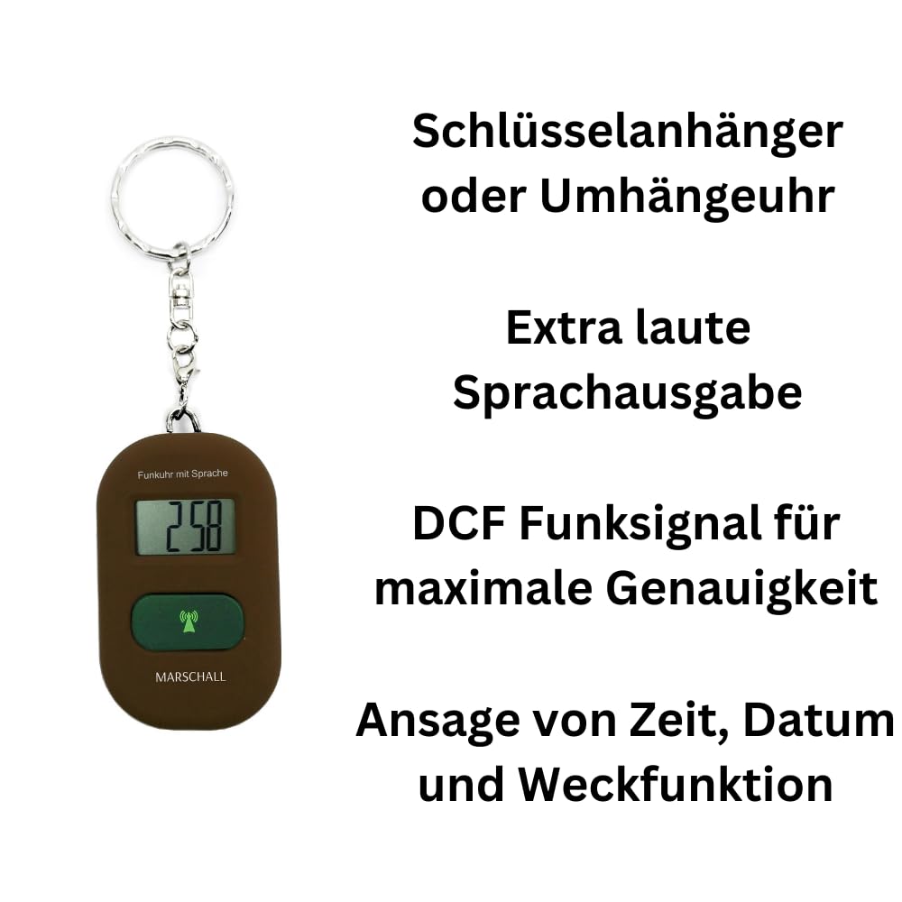 Marschall Schlüsselanhänger Deutsch sprechende Funkuhr I 1117B I Umhängeuhr Braun I Extra Laute Sprachausgabe I Großes LCD Display I Perfekt für Senioren, Blinde und Demenzkranke
