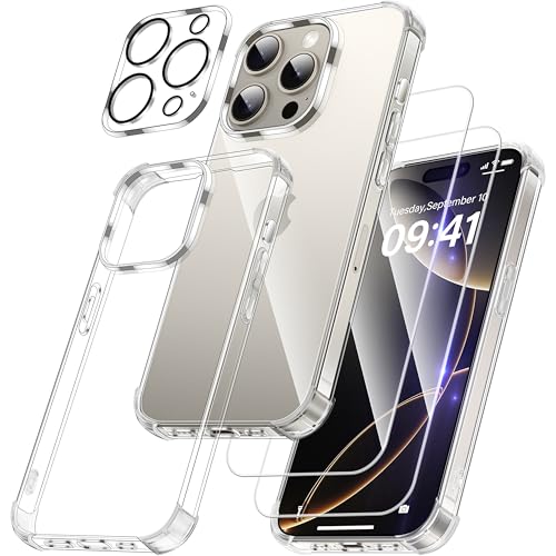 FLLAO 4 in 1 Handyhülle für iPhone 16 Pro Hülle mit 2 Schutzfolie und 1 KameraSchutz, Ultradünn Anti-Vergilbung Kristall...
