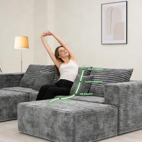 Image of 110 inch Modern Fabric Boneless Couch with Deep Seat, Sectional Couches for Living Room, Upholstered Cloud Sofa with 2 Ottoman, No Assembly Required (U Shaped Sofa)
