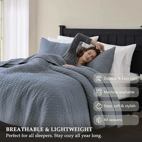 Image of palassio Blue Grey 100% Cotton Quilt Queen Size Bedding Sets with 2 Pillow Shams, Textured Lightweight Soft Bedspread Shabby Chic Coverlet, Quilted Comforter Bed Cover for All Season, 3 Pieces