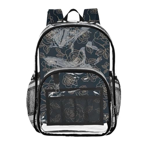 Clear Backpack for Women Gold Floral Leaves Flowers Black Kids Girls Backpack Boys Plastic See through Bookbag