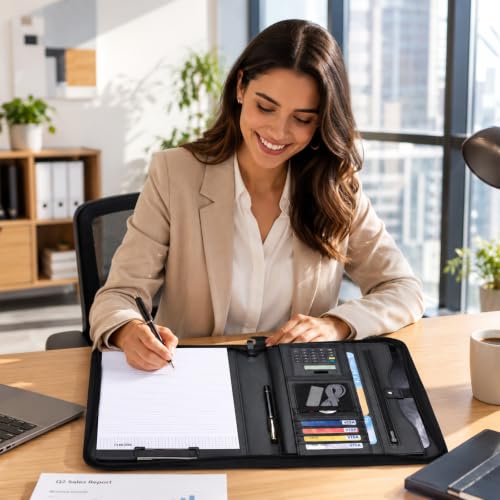 Image of Eshow Padfolio for Men Women with Pen, Leather Portfolio with Zipper - Professional Interview Resume Organizer with Card Holder, Writing Pad & File Folders for Business, Lawyer, Student